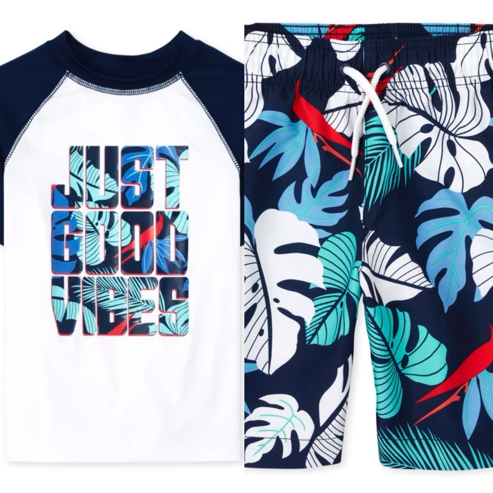 Boys swimsuit trunks & rash guard tropical JUST GOOD VIBES size small 5/6
